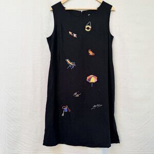 Vintage Ultra Dress 14 Linen Blend Sheath Fish Embroidered Wearable Art Tropical